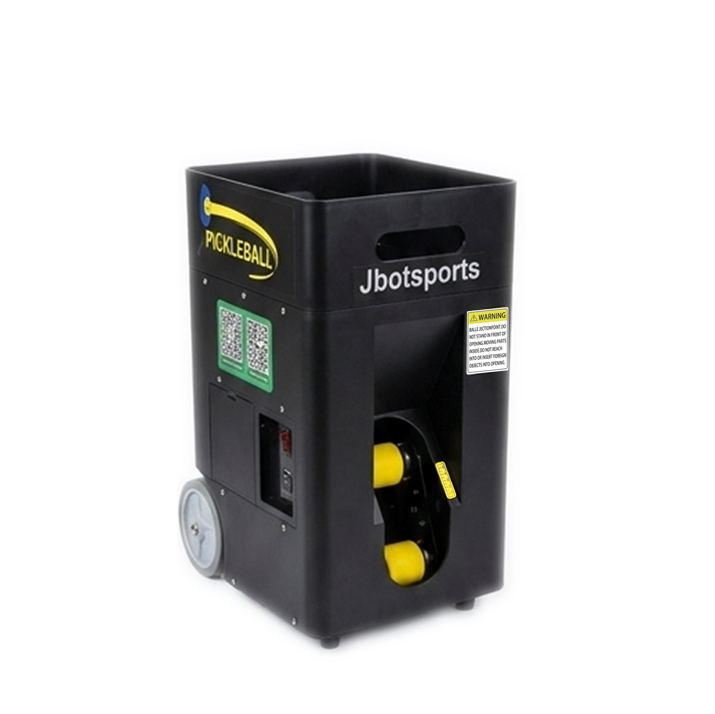 White background studio product photo of black portable JP-02 pickleball machine, dual-angle side front view, Jbotsports logo on front, colorful Pickleball graphic on left side cabinet, two green QR code stickers and power switch panel on left, transparent outlet window with two yellow rubber feeding wheels, single transport wheel on bottom left, warning label on cabinet surface