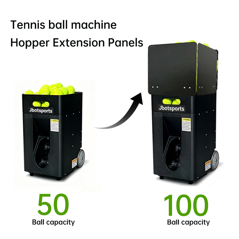 Jbotsports portable tennis ball machine hopper extension panels comparison chart on white background, standard 50 ball capacity vs extended 100 ball capacity, ball hopper capacity upgrade accessory to extend training duration for solo tennis practice
