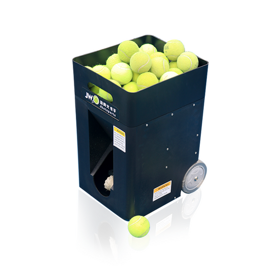 Jbotsports JT-02 tennis machine: filled with yellow balls, black body with wheel (ball storage)