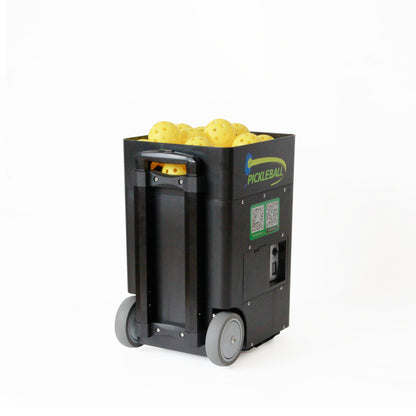 Jbotsports Pickleball Ball Machine - Wheeled Automatic Pickleball Ball Machine with Yellow Pickleballs (Rear View with QR Code)