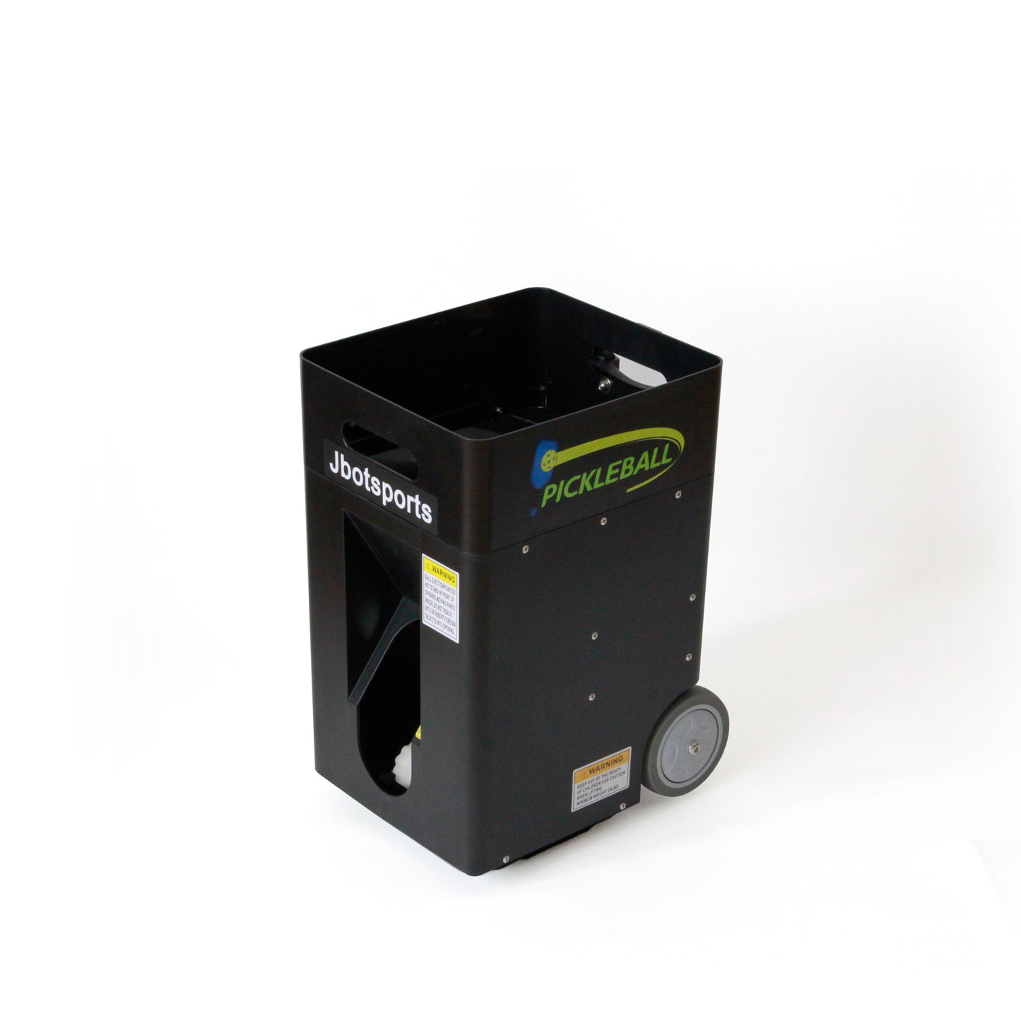 Jbotsports Pickleball Ball Machine - Empty Wheeled Pickleball Ball Machine (Side View with Pickleball Branding)