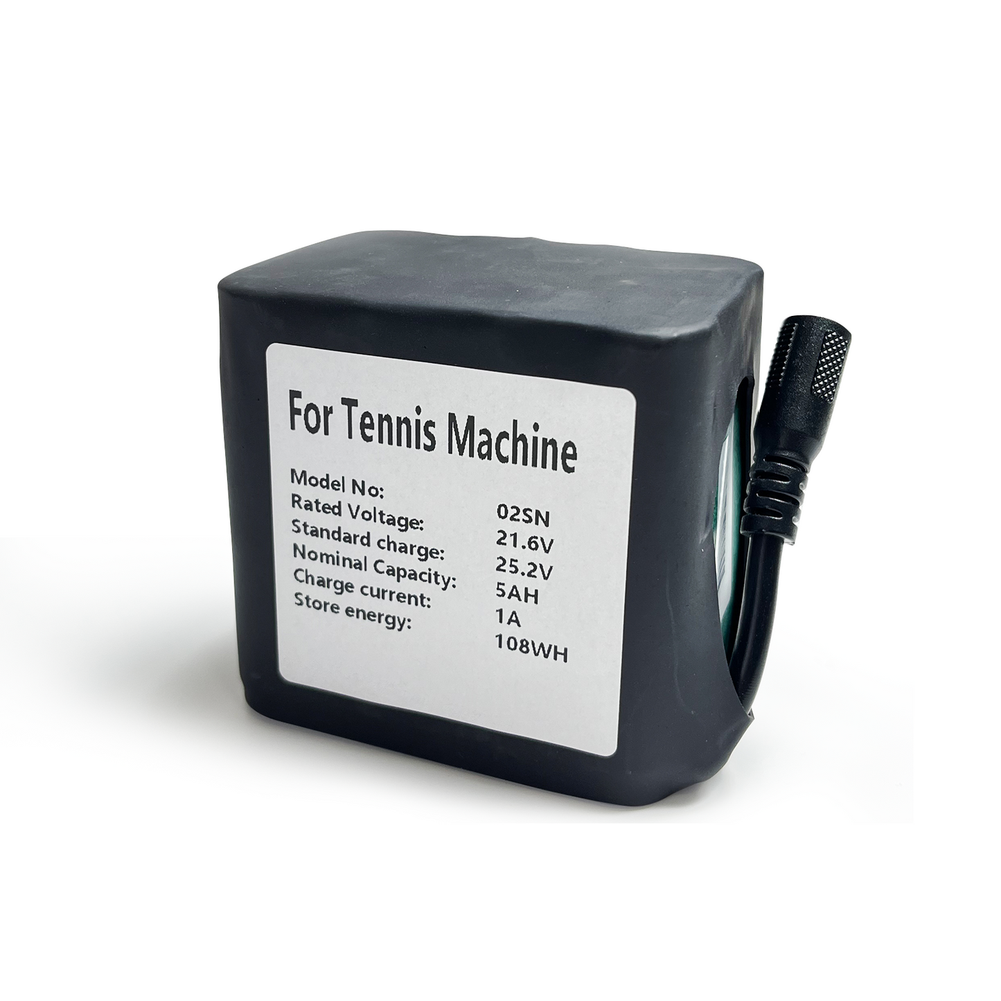 02SN Additional Battery with Cable for Tennis Machine: 21.6V rated voltage, 5AH capacity, backup power supply for tennis machines