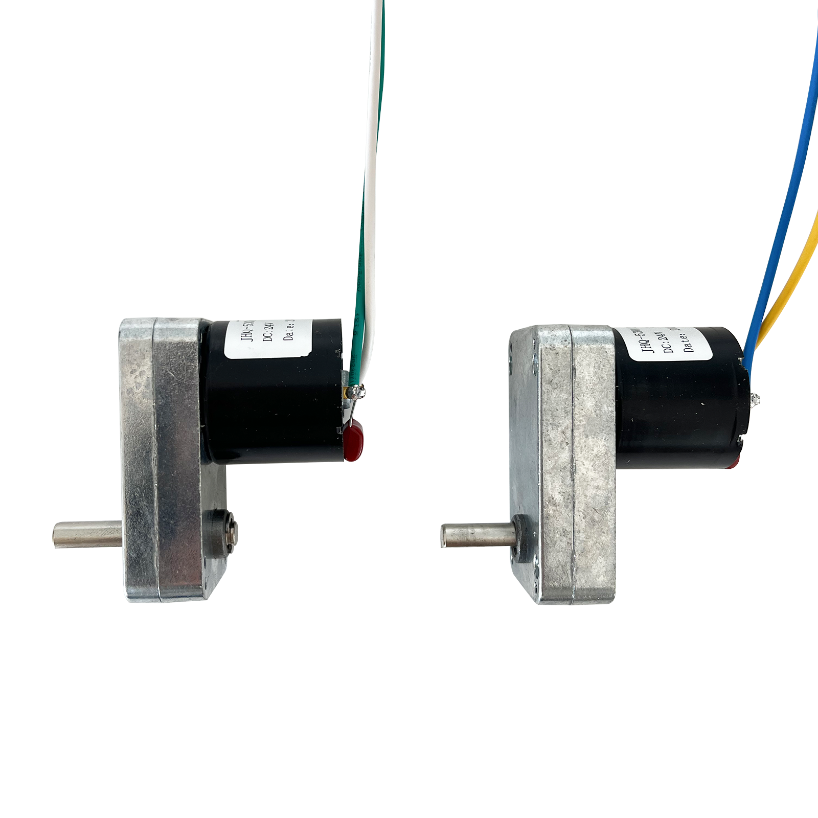 JT-02 Oaciliate Elevation Motor: Two DC motors with metal housing, equipped with different color wires, suitable for lifting & swinging equipment drive