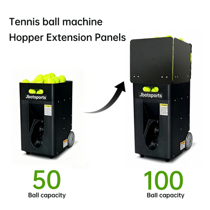Jbotsports portable tennis ball machine hopper extension panels comparison chart on white background, standard 50 ball capacity vs extended 100 ball capacity, ball hopper capacity upgrade accessory to extend training duration for solo tennis practice