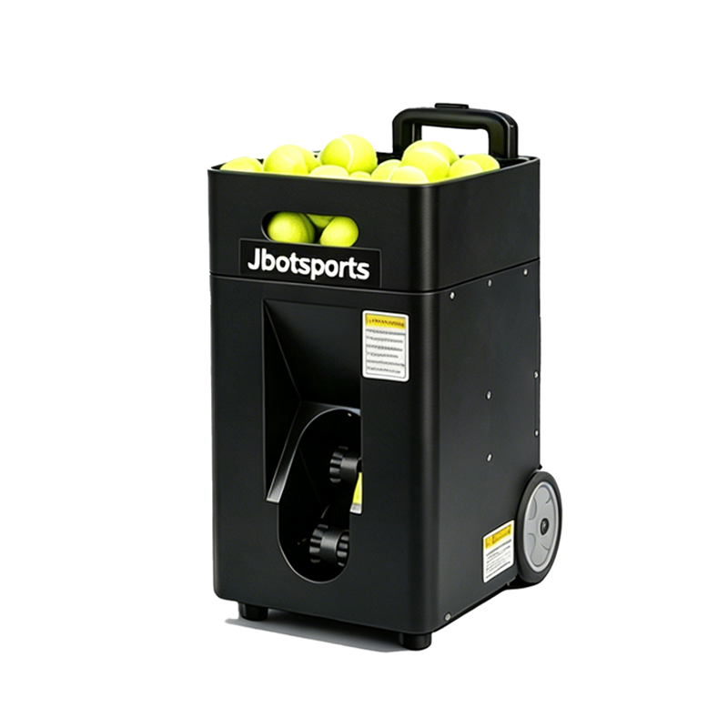 Black Jbotsports portable tennis ball throwing machine on white background, built-in carry handle and rolling wheels for easy transport, large capacity ball hopper filled with yellow tennis balls, automatic solo tennis practice training equipment for home court