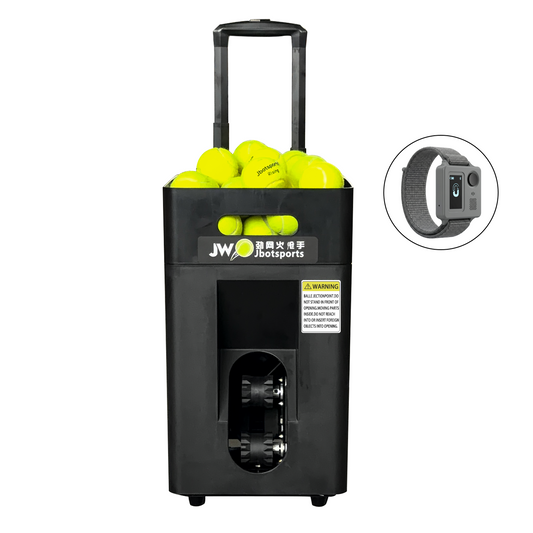 botsports JT-02 Pro tennis ball machine front view with telescopic handle and AI voice wristband, white background product photo