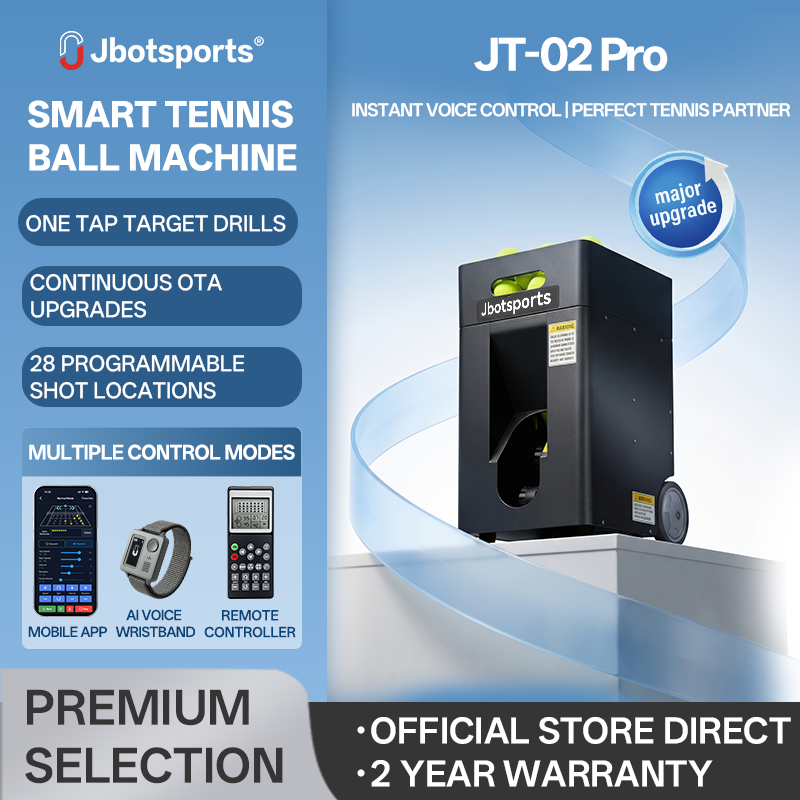 Jbotsports JT-02 Pro upgraded smart tennis ball machine product poster, key features include one tap target drills, continuous OTA upgrades, 28 programmable shot locations, 3 control modes (mobile APP, AI voice wristband, remote controller), official store direct with 2 year warranty, professional tennis sparring partner