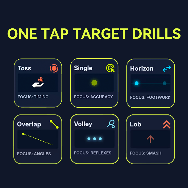Jbotsports JT-02 Pro tennis ball machine 6 one-tap target training drill icons, includes Toss for timing, Single for accuracy, Horizon for footwork, Overlap for angles, Volley for reflexes and Lob for smash, targeted skill practice for efficient solo tennis training