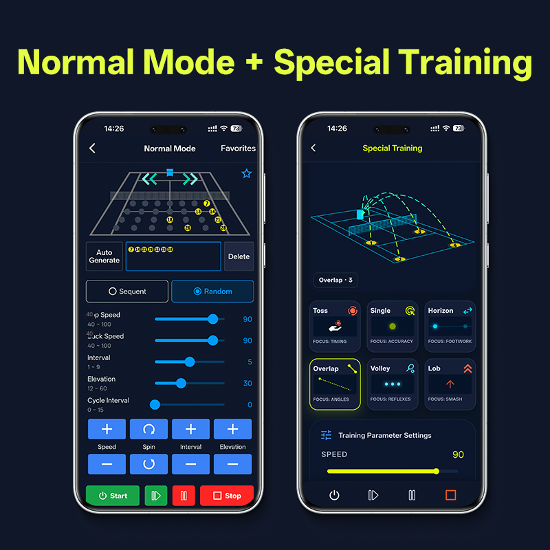 Jbotsports JT-02 Pro smartphone tennis training APP dual mode interface, Normal Mode for fully customizable speed, spin, interval and elevation with sequential/random settings, Special Training with one tap preset target drills, flexible training options for all skill level solo tennis practice