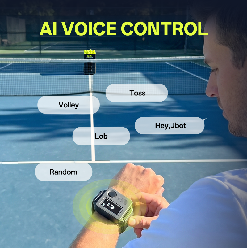 Tennis player using wearable AI voice wristband to control Jbotsports JT-02 Pro tennis ball machine on outdoor court, supports voice commands for Toss, Volley, Lob and Random training modes, hands free uninterrupted solo tennis sparring practice