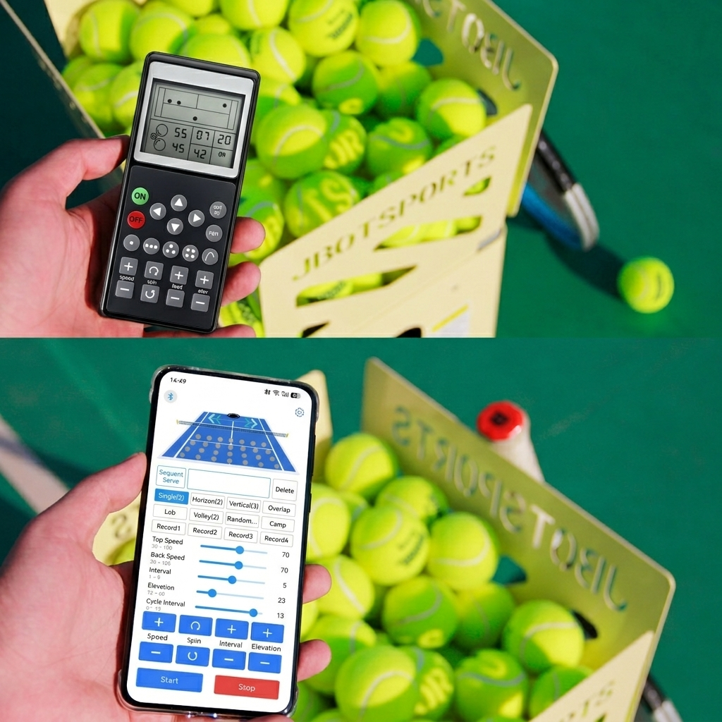 Jbsports JT-M6 Series Tennis Ball Machine - Remote Control & Smartphone App Interface for Customizing Training Settings
