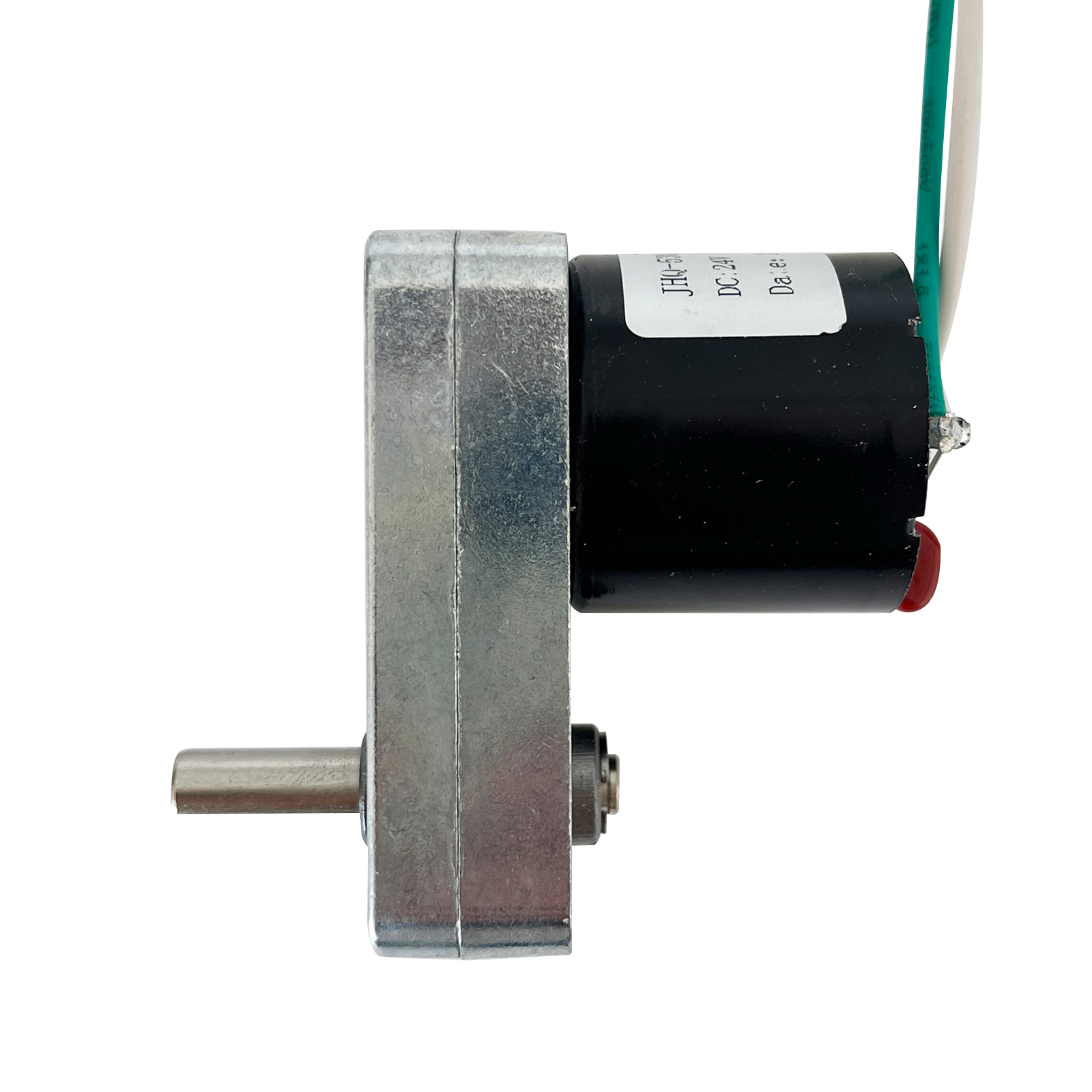 JT-02 Oaciliate Elevation Motor detail: Single DC motor with metal housing, wires & label, compatible with lifting & swinging equipment