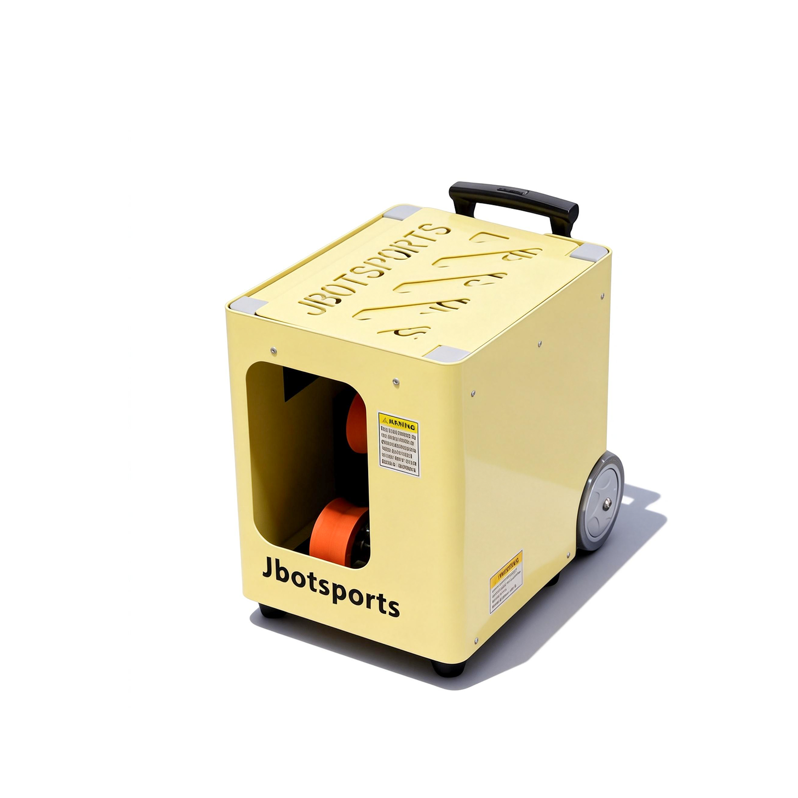 Professional tennis ball machine in its folded compact state with the lid closed for protected storage and car trunk portability.