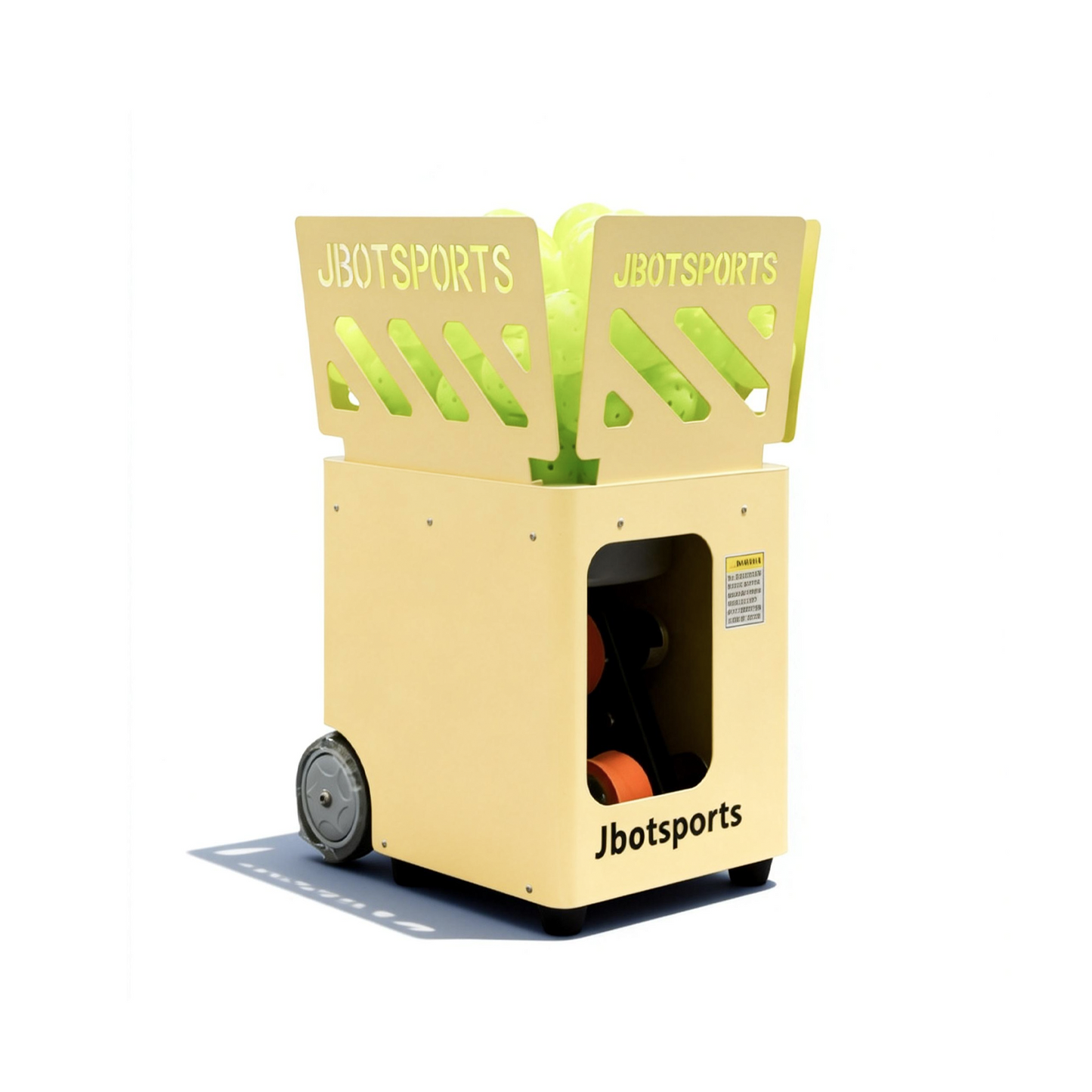 Jbotsports tennis ball machine with an open hopper fully loaded with high-visibility training balls for long practice sessions.