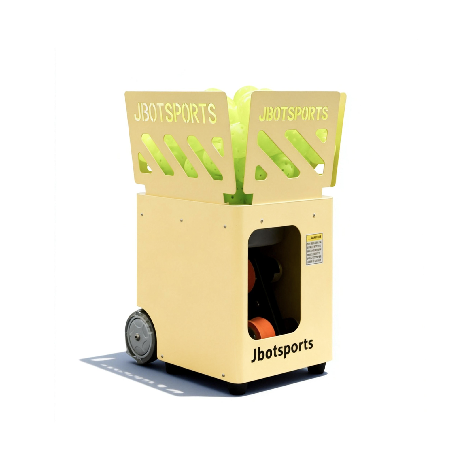 Jbotsports tennis ball machine with an open hopper fully loaded with high-visibility training balls for long practice sessions.