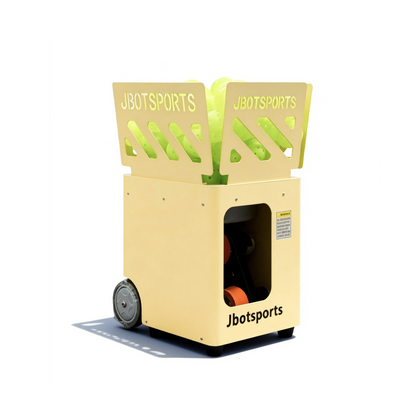 Jbotsports tennis ball machine with an open hopper fully loaded with high-visibility training balls for long practice sessions.