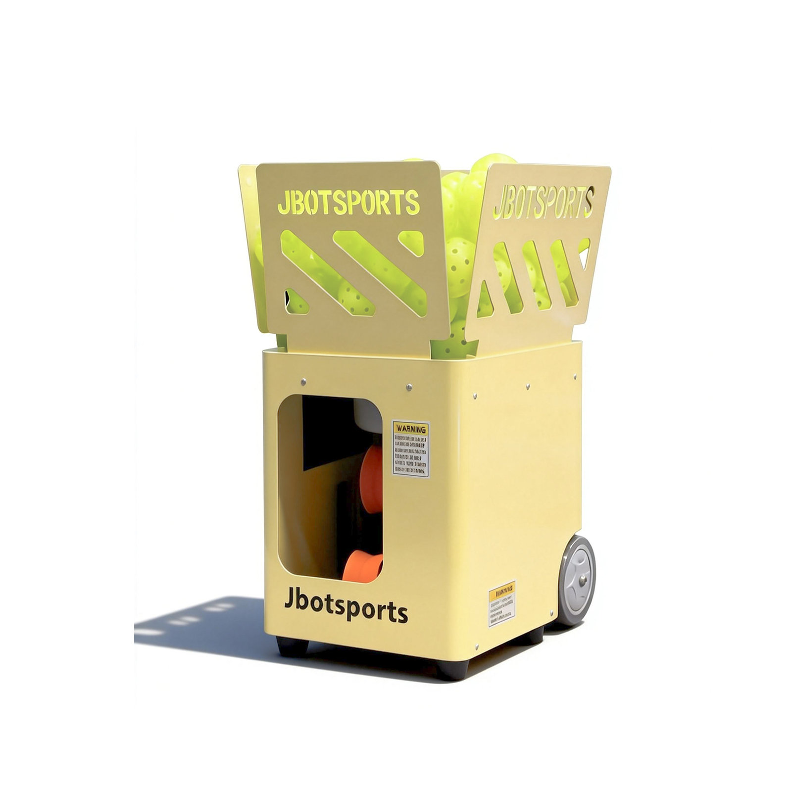 Jbotsports tennis ball machine with an open hopper fully loaded with high-visibility training balls for long practice sessions.