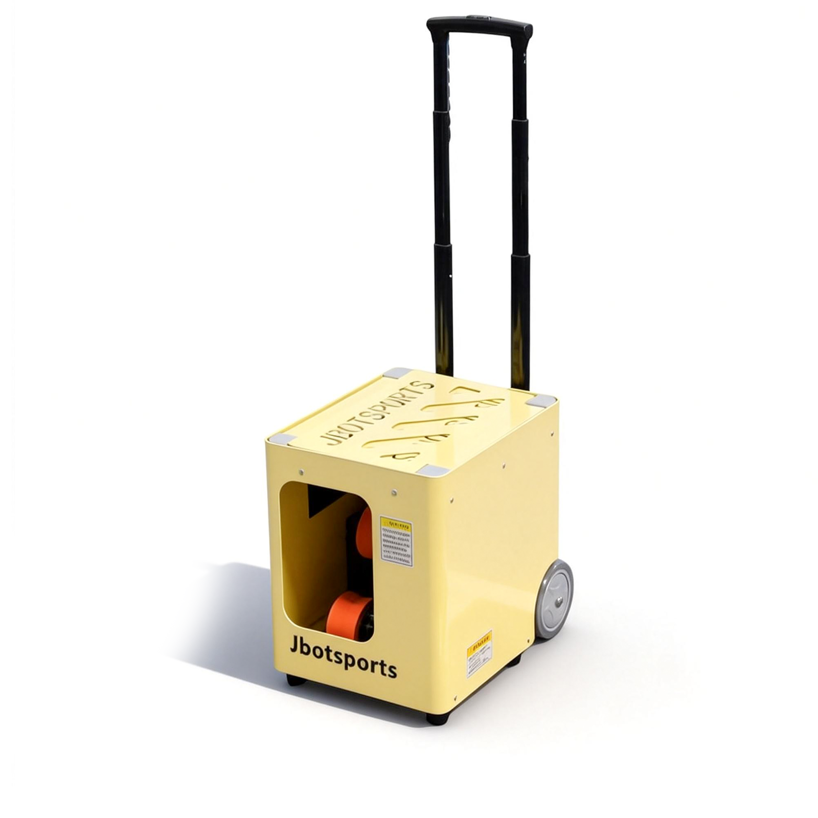 Portable tennis ball machine featuring an extended telescopic luggage-style handle for effortless transport across the court.