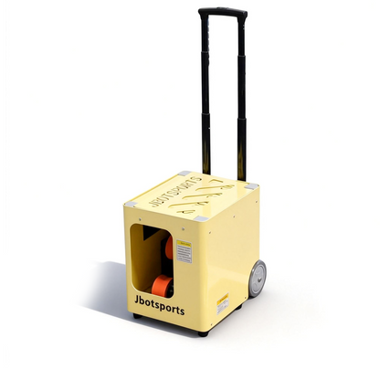 Portable tennis ball machine featuring an extended telescopic luggage-style handle for effortless transport across the court.